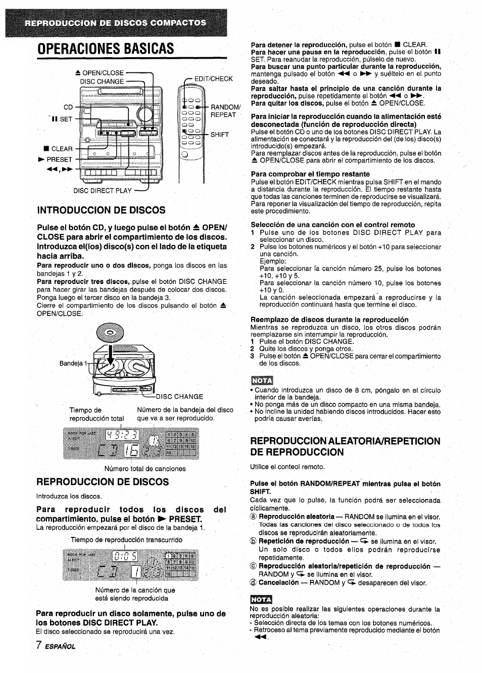 Operaciones basicas, Introduccion de discos, Reproduccion de discos | Selección de una canción con el control remoto, Reemplazo de discos durante la reproducción, Reproducción aleatoria/repeticion de reproduccion, Grabacion basica, Ll! / 5 :0 1, 5j utrn, I ^ -m | Aiwa NSX-A10 User Manual | Page 22 / 44