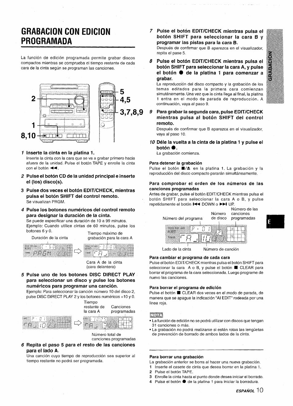 Grabacion con edicion programada, Para detener la grabación, Para cambiar el programa de cada cara | Para borrar el programa de edición, Para borrar una grabación, 1' i | Aiwa NSX-A10 User Manual | Page 25 / 44
