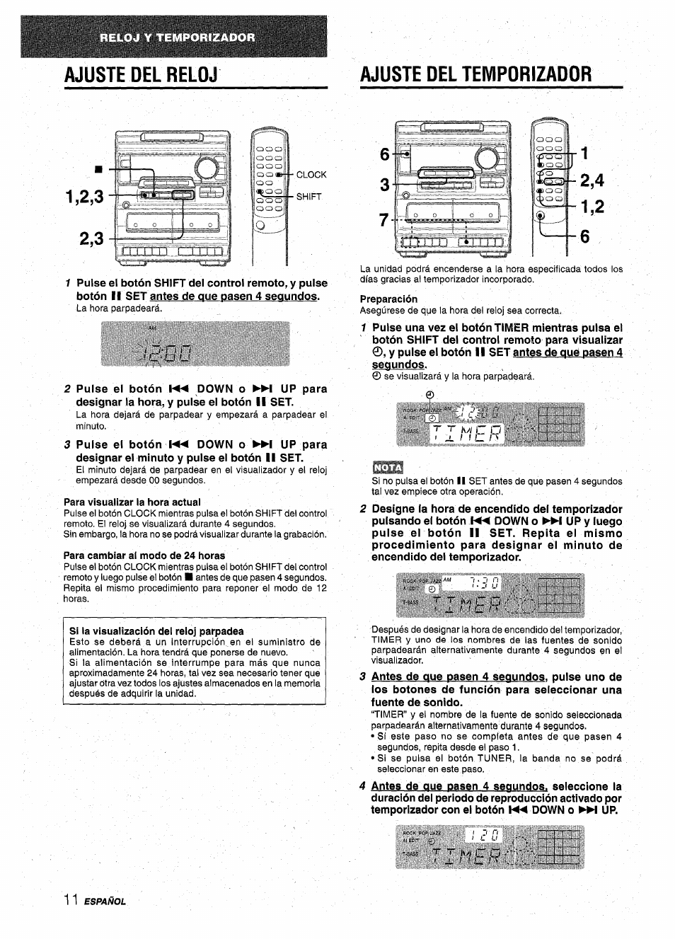 Ajuste del temporizador, Para visualizar la hora actual, Para cambiar ai modo de 24 horas | Preparación, Ajuste del reloj ajuste del temporizador | Aiwa NSX-A10 User Manual | Page 26 / 44