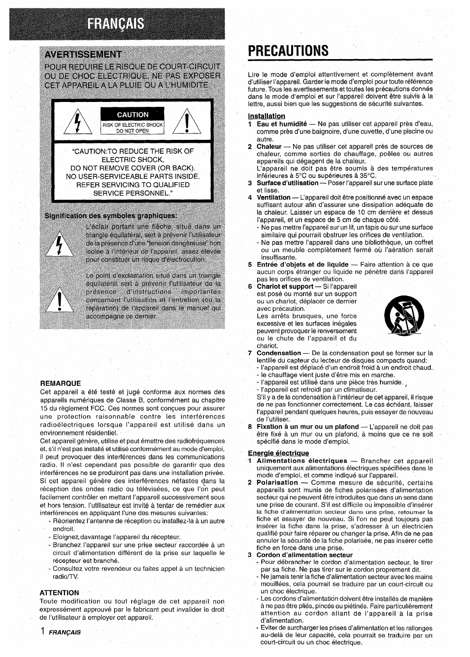 Avertissement, Signification des symboles graphiques, Remarque | Attention, Precautions, Installation, 3 cordon d’alimentation secteur | Aiwa NSX-A10 User Manual | Page 30 / 44
