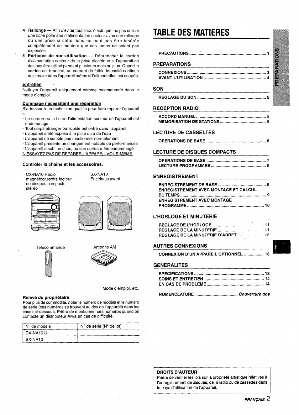 Entretien, Contrôler la chaîne et les accessoires, Relevé du propriétaire | Table des matieres, Droits d’auteur | Aiwa NSX-A10 User Manual | Page 31 / 44