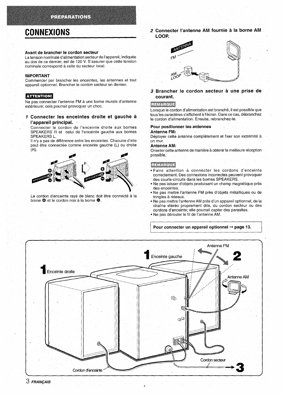 Avant de brancher le cordon secteur, Important, Connexions | Aiwa NSX-A10 User Manual | Page 32 / 44