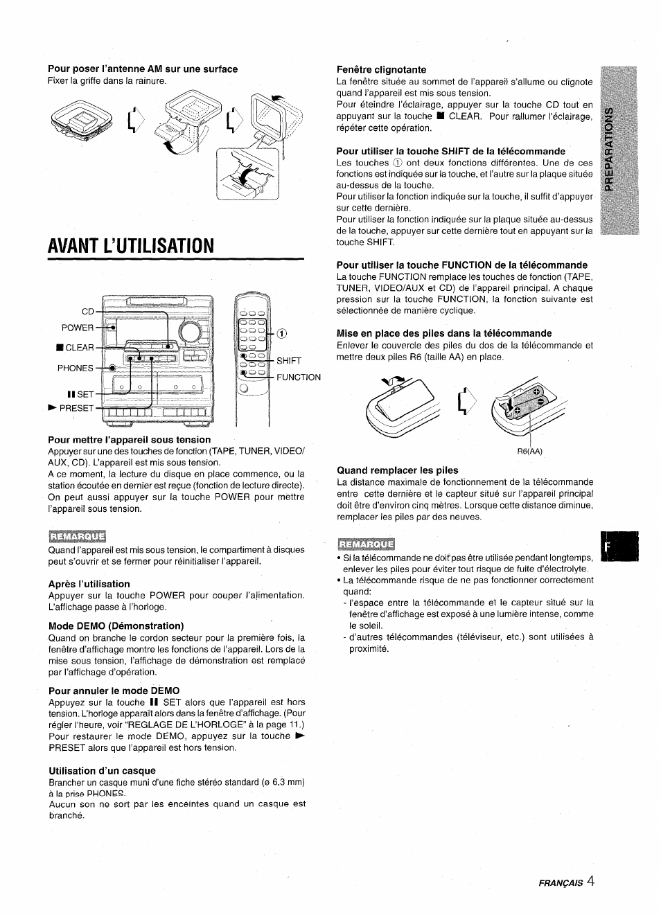 Pour poser l’antenne am sur une surface, Avant l’utilisation, Pour mettre l’appareil sous tension | Après l’utilisation, Pour annuler le mode demo, Utilisation d’un casque, Fenêtre clignotante, Pour utiiiser la touche shift de la télécommande, Mise en place des piles dans la télécommande, Quand remplacer les piles | Aiwa NSX-A10 User Manual | Page 33 / 44