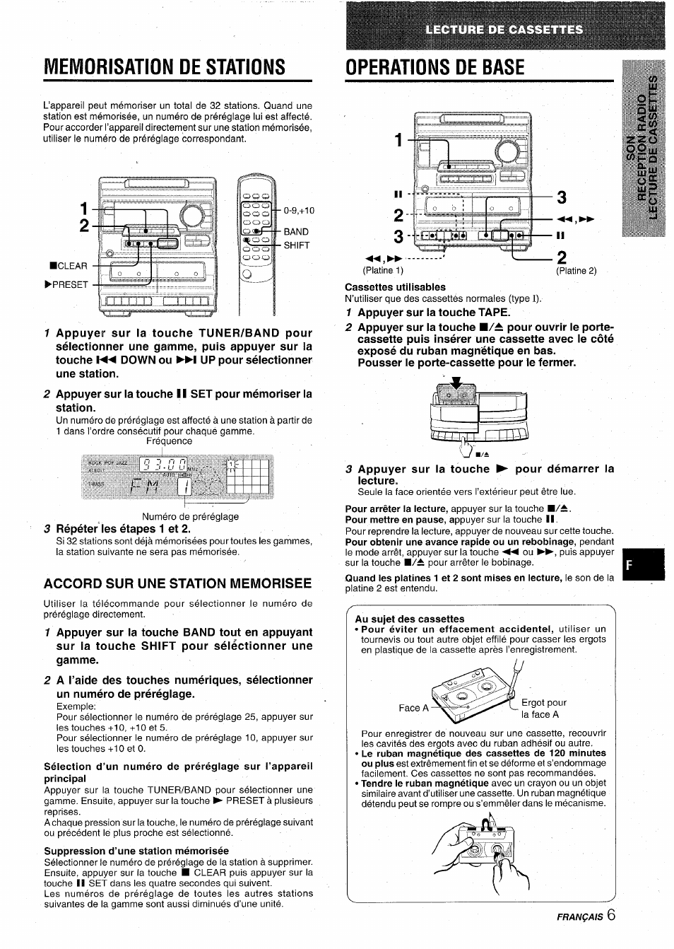 Memorisation de stations, Accord sur une station memorisee, Cassettes utilisables | Au sujet des cassettes | Aiwa NSX-A10 User Manual | Page 35 / 44