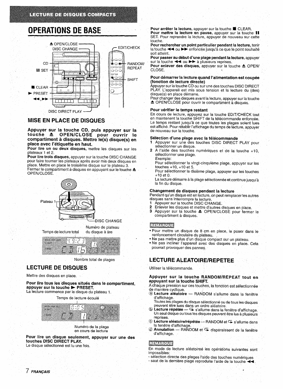 Operations de base, Mise en place de disques, Lecture de disques | Lecture aleatoire/repetee | Aiwa NSX-A10 User Manual | Page 36 / 44