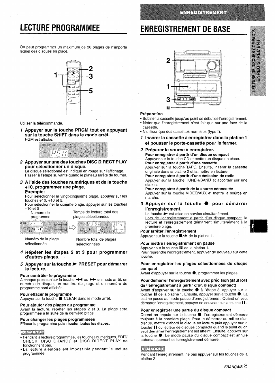 Lecture programmee, Pour contrôler le programme, Enregistrement de base | Liîifli | Aiwa NSX-A10 User Manual | Page 37 / 44