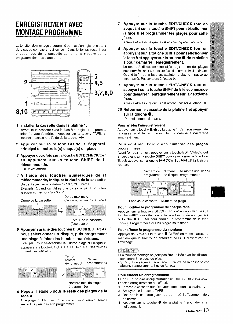 Enregistrement avec montage programme, Pour arrêter l’enregistrement, Pour effacer le programme du montage | Pour effacer un enregistrement | Aiwa NSX-A10 User Manual | Page 39 / 44