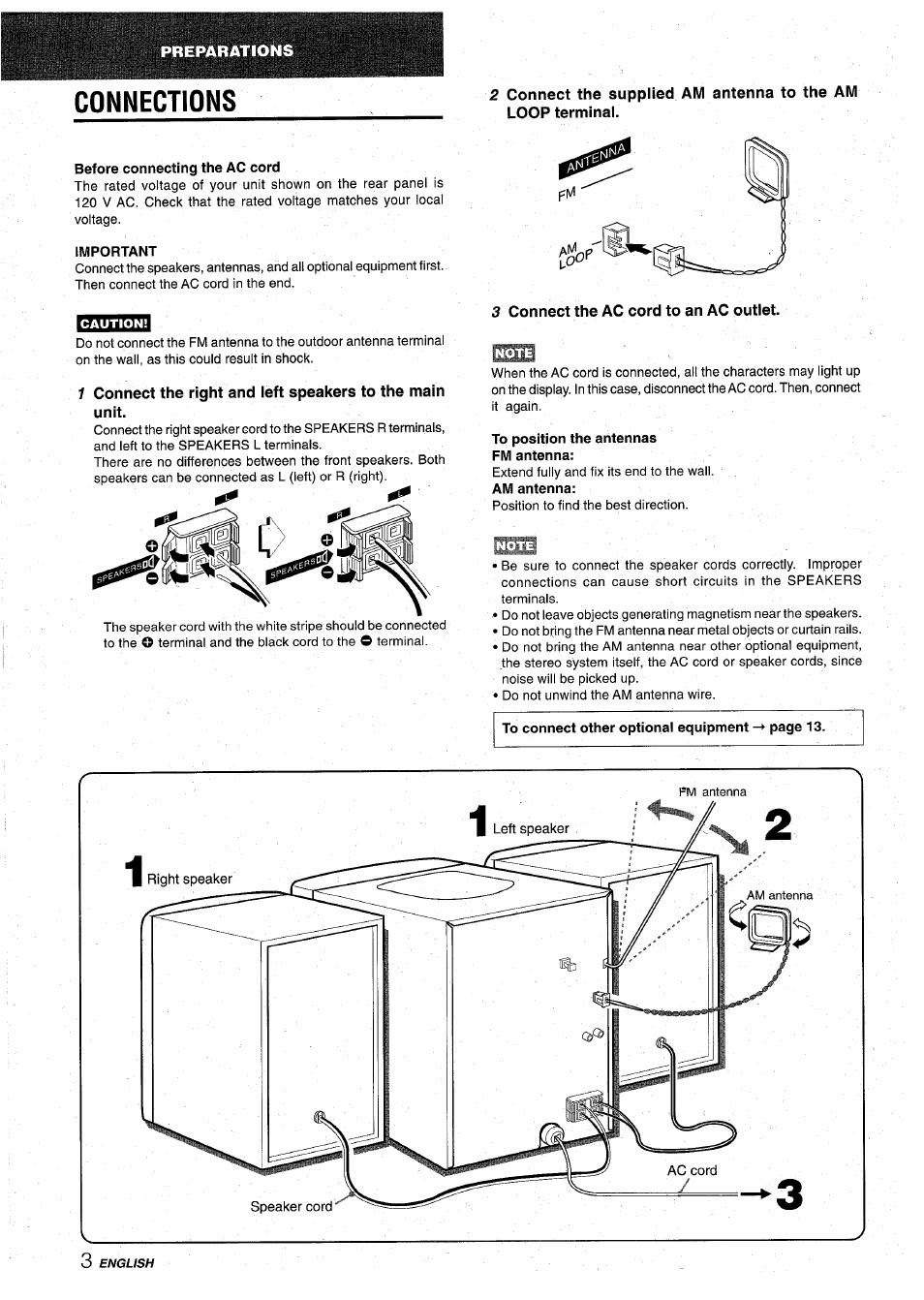 Connections, Before connecting the ac cord, Important | 3 connect the ac cord to an ac outlet, To position the antennas fm antenna, Connections g | Aiwa NSX-A10 User Manual | Page 4 / 44