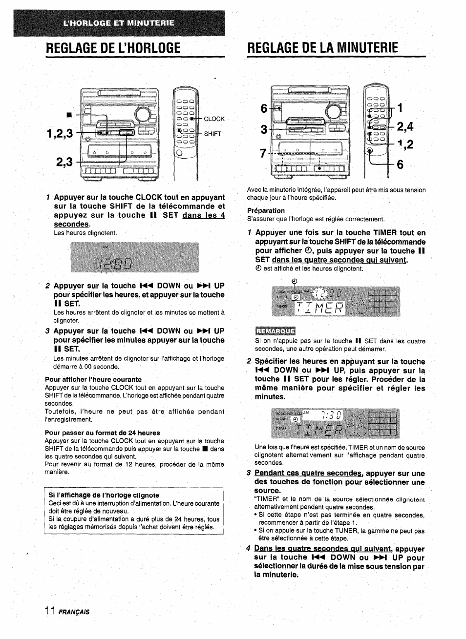 Reglage de l’horloge, Reglage de la minuterie, Pour àfficher l’heure courante | Pour passer au format de 24 heures, Reglage de l’horloge reglage de la minuterie | Aiwa NSX-A10 User Manual | Page 40 / 44