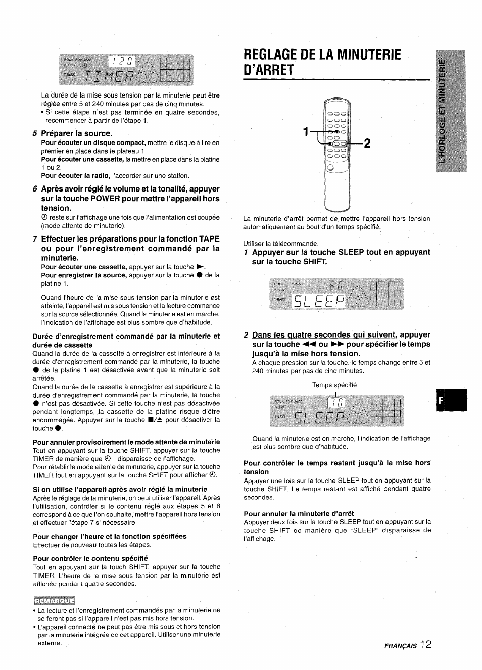 Pour écouter une cassette, appuyer sur la touche, Pour changer l’heure et la fonction spécifiées, Pour contrôler le contenu spécifié | Reglage de la minuterie d’arret, Pour annuler la minuterie d’arrêt, Vrm 1 i ri | Aiwa NSX-A10 User Manual | Page 41 / 44