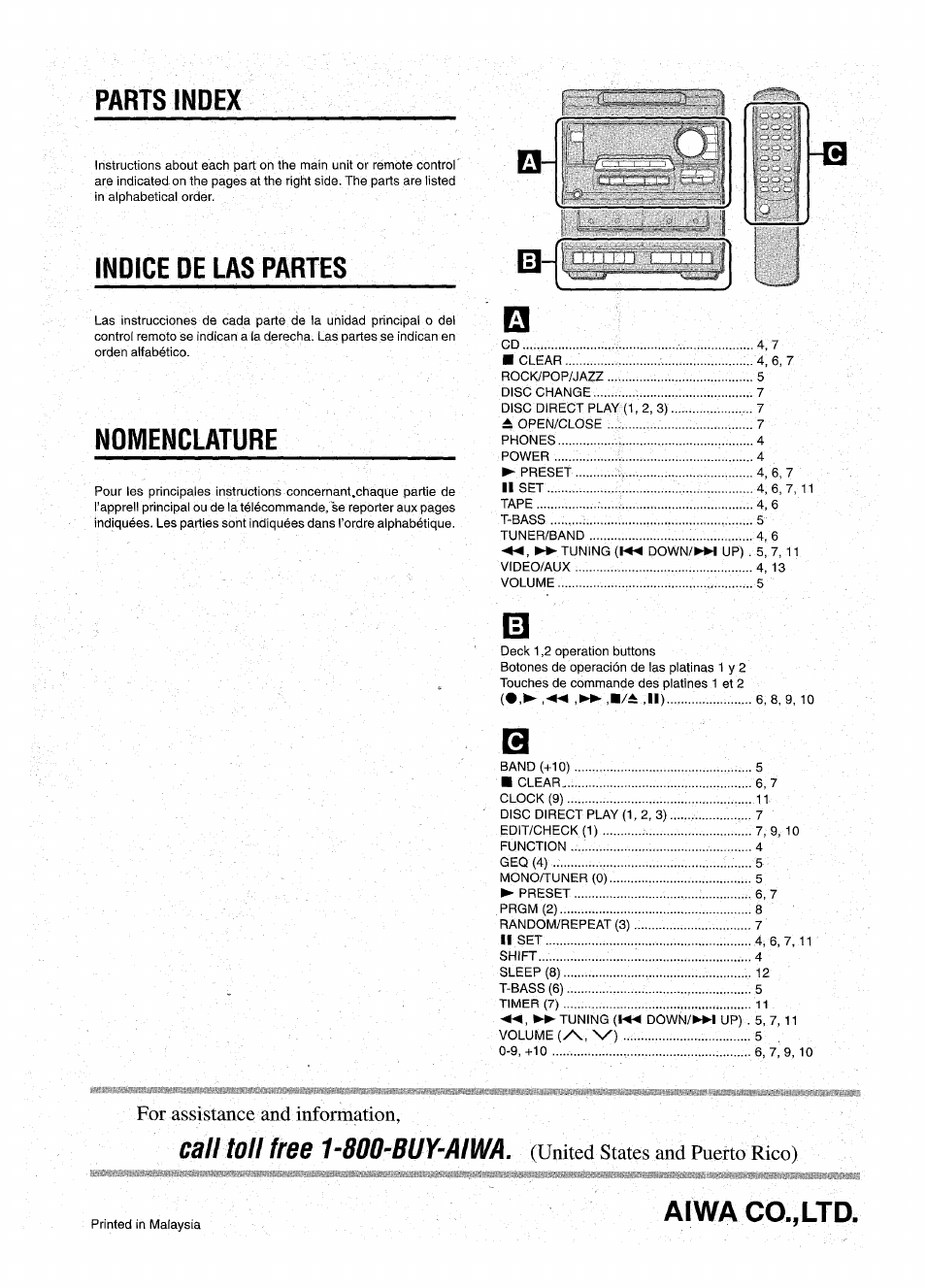 Parts index, Indice de las partes, Nomenclature | Aiwa co.,ltd, Call loll free 1-800-buy-aiwa, For assistance and information, United states and puerto rico) | Aiwa NSX-A10 User Manual | Page 44 / 44