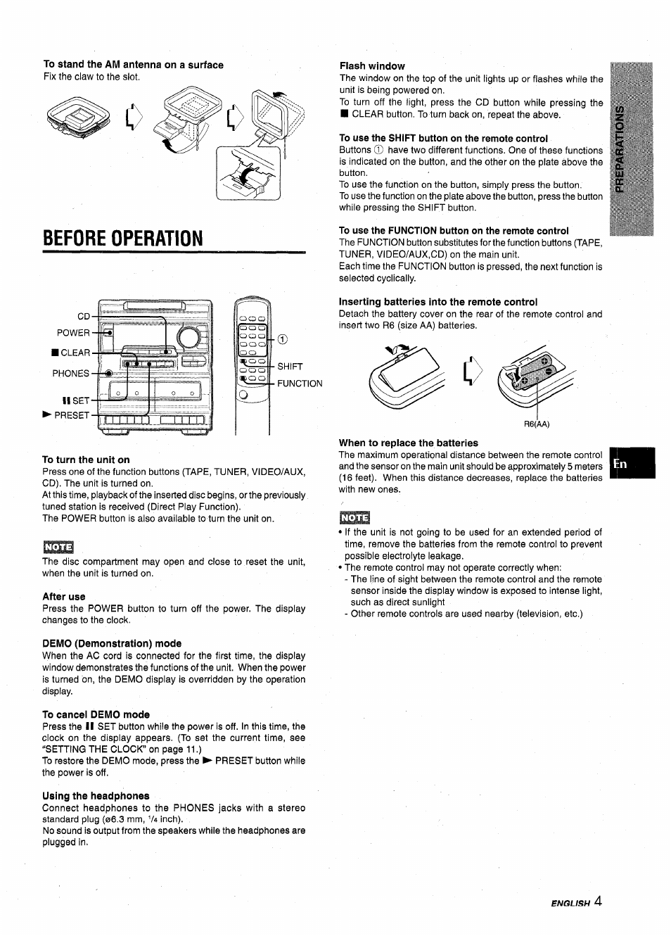 To stand the am antenna on a surface, Before operation, To turn the unit on | After use, Flash window, To use the shift button on the remote control, To use the function button on the remote control, Inserting batteries into the remote control, When to replace the batteries, Demo (demonstration) mode | Aiwa NSX-A10 User Manual | Page 5 / 44
