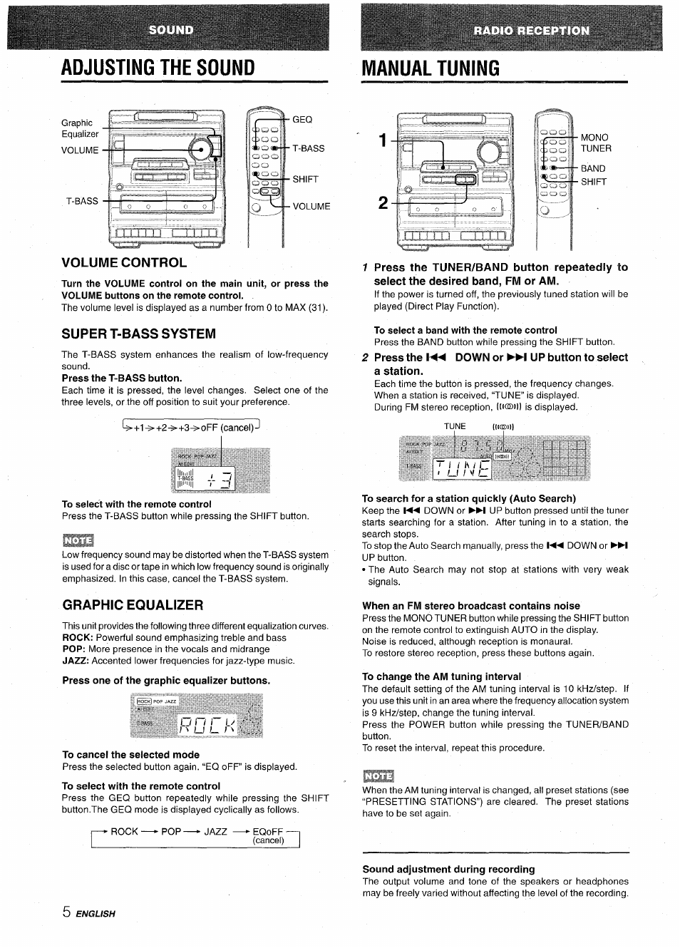 Adjusting the sound, Volume control, Super t-bass system | To select with the remote control, Graphic equalizer, Press one of the graphic equalizer buttons, To cancel the selected mode, To select a band with the remote control, Press the down or up button to select a station, To search for a station quickly (auto search) | Aiwa NSX-A10 User Manual | Page 6 / 44