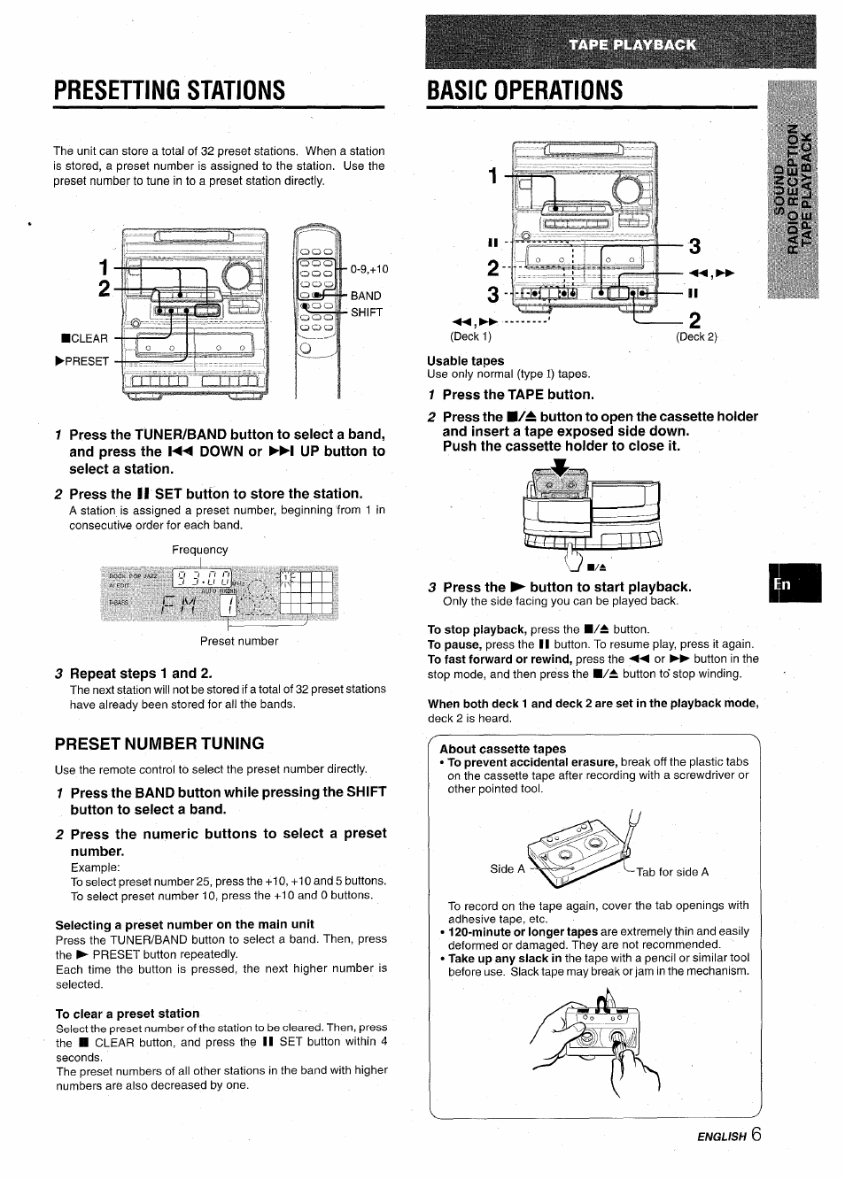 Presehing stations, Preset number tuning, Selecting a preset number on the main unit | To clear a preset station, Basic operations, Usable tapes, About cassette tapes, Presetting stations, Ml basic operations, I i i | Aiwa NSX-A10 User Manual | Page 7 / 44