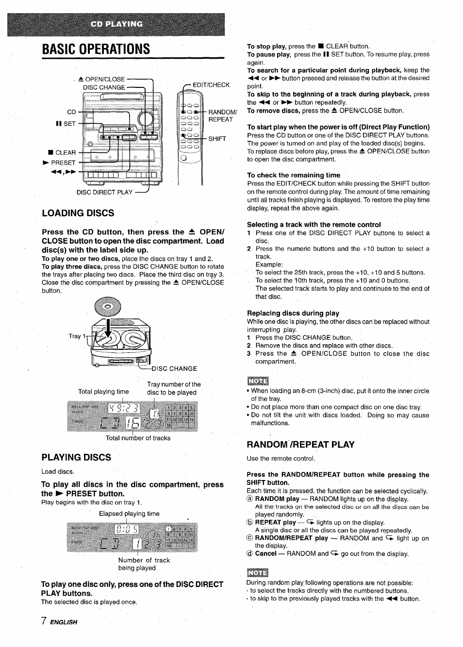 Basic operations, Loading discs, Playing discs | To check the remaining time, Selecting a track with the remote control, Replacing discs during play, Random/repeat play | Aiwa NSX-A10 User Manual | Page 8 / 44