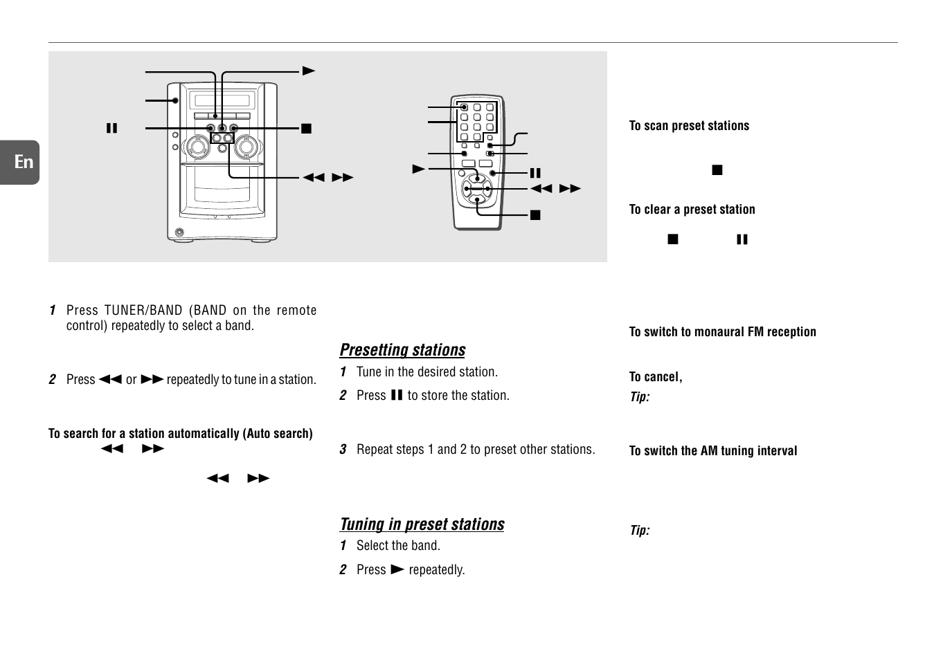 Radio operations, Manual tuning, Preset tuning | Adjustments, 10 en, Presetting stations, Tuning in preset stations | Aiwa XR-M131 User Manual | Page 10 / 18