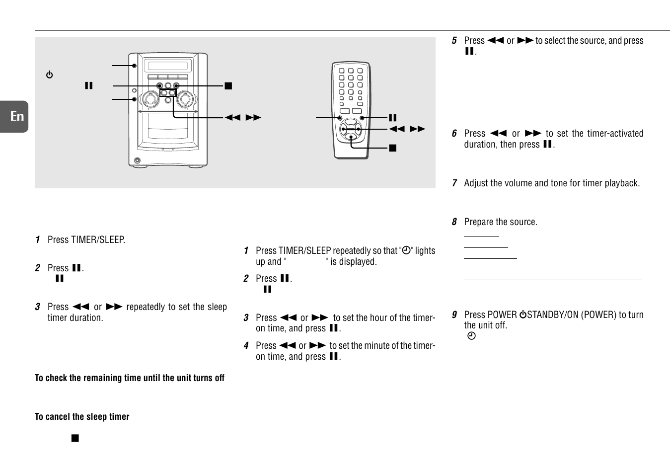 Timer operations, Sleep timer, Timer playback | 14 en | Aiwa XR-M131 User Manual | Page 14 / 18