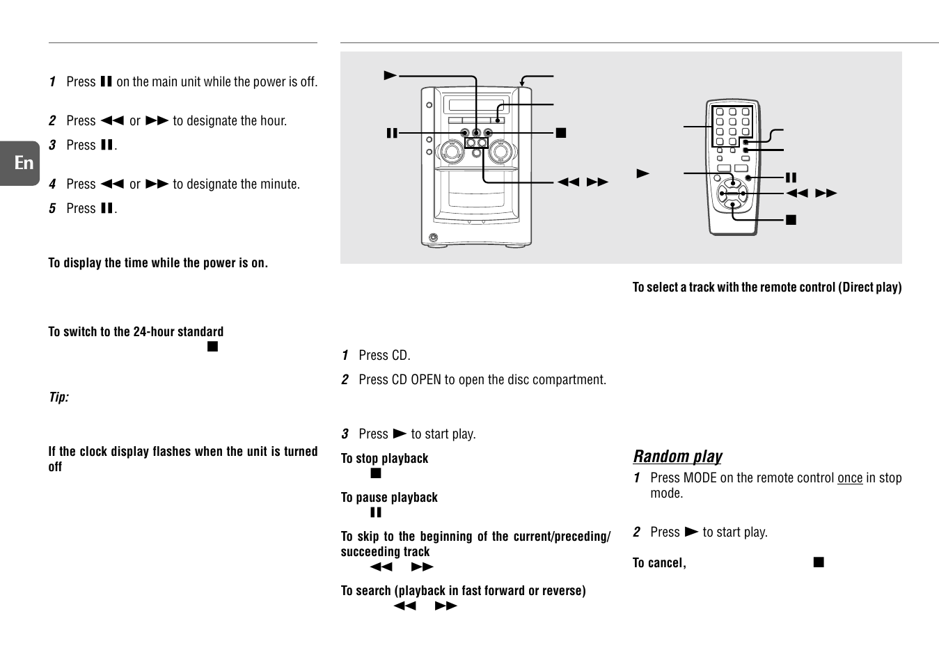 Cd operations, Playback, Random/repeat playback | Setting the clock, Random play | Aiwa XR-M131 User Manual | Page 8 / 18