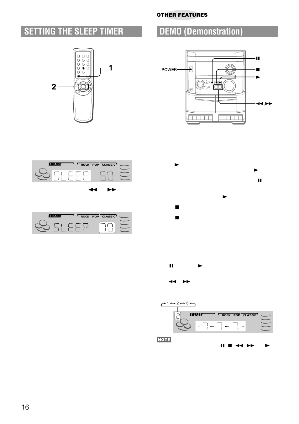 Setting the sleep timer, Demo (demonstration) | Aiwa NSX-AJ14 User Manual | Page 16 / 56