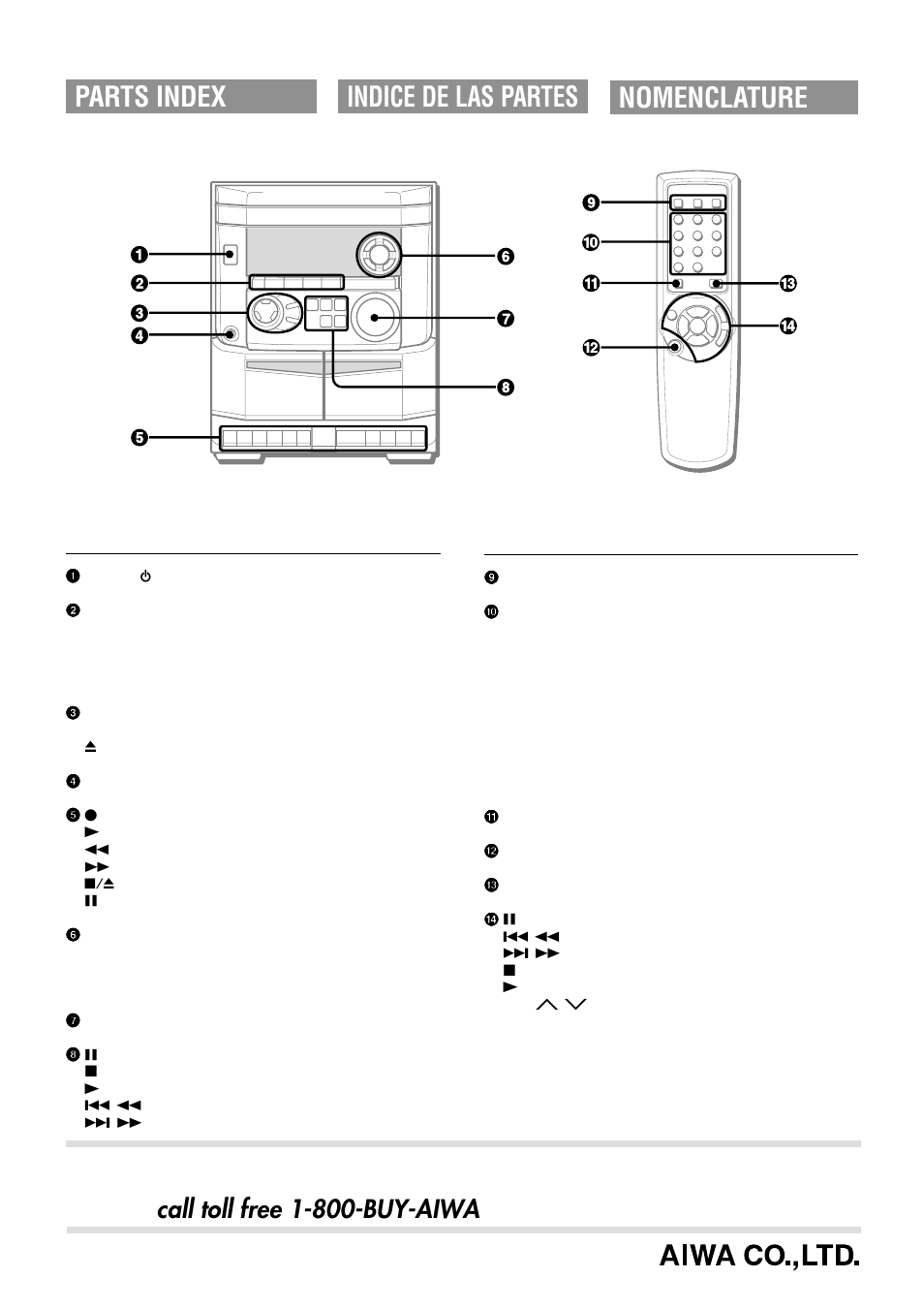 Parts index, Indice de las partes nomenclature, Call toll free 1-800-buy-aiwa | For assistance and information, United states and puerto rico) | Aiwa NSX-AJ14 User Manual | Page 20 / 56