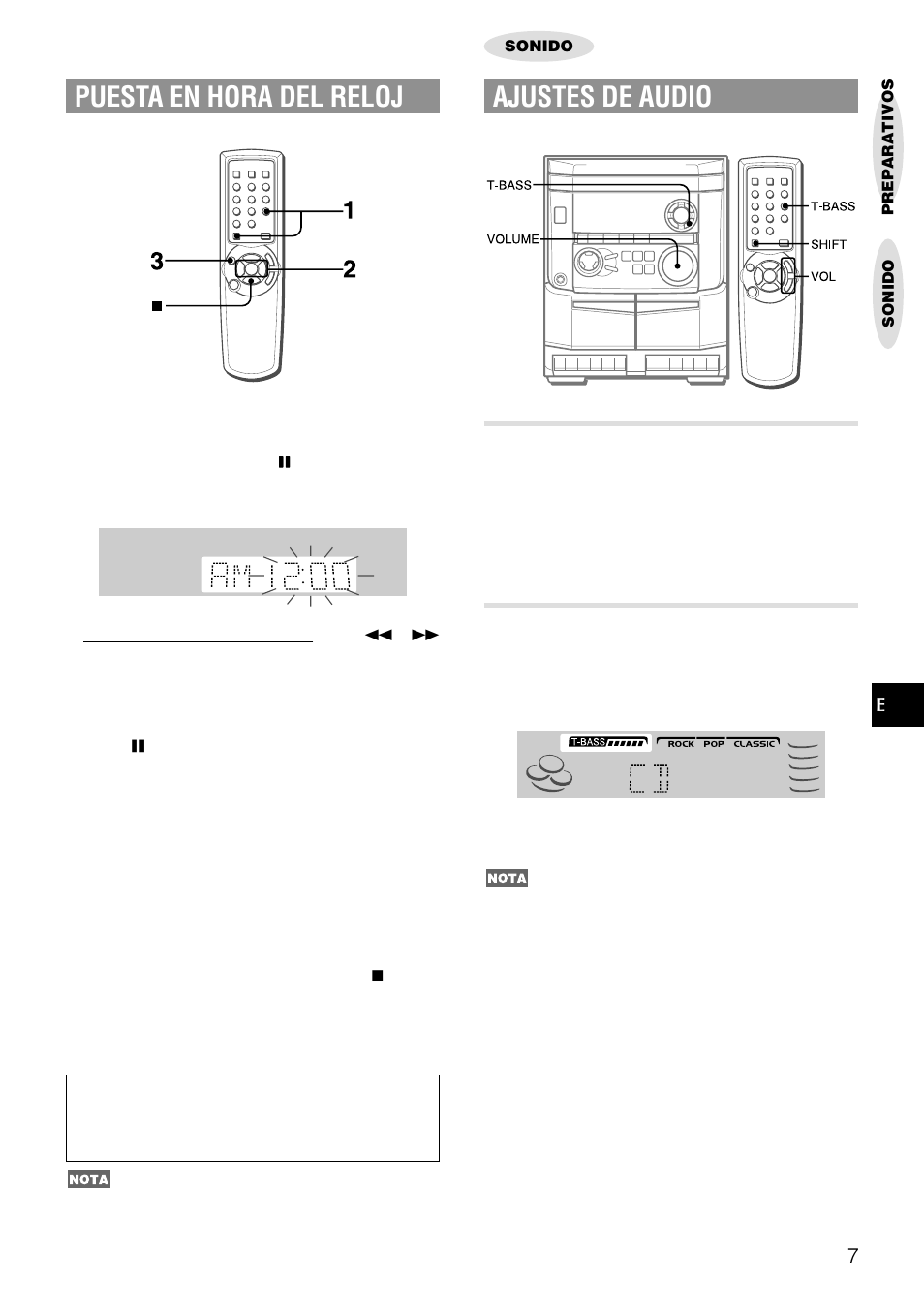 Ajustes de audio, Puesta en hora del reloj, Control de volumen | Sistema super t-bass | Aiwa NSX-AJ14 User Manual | Page 26 / 56