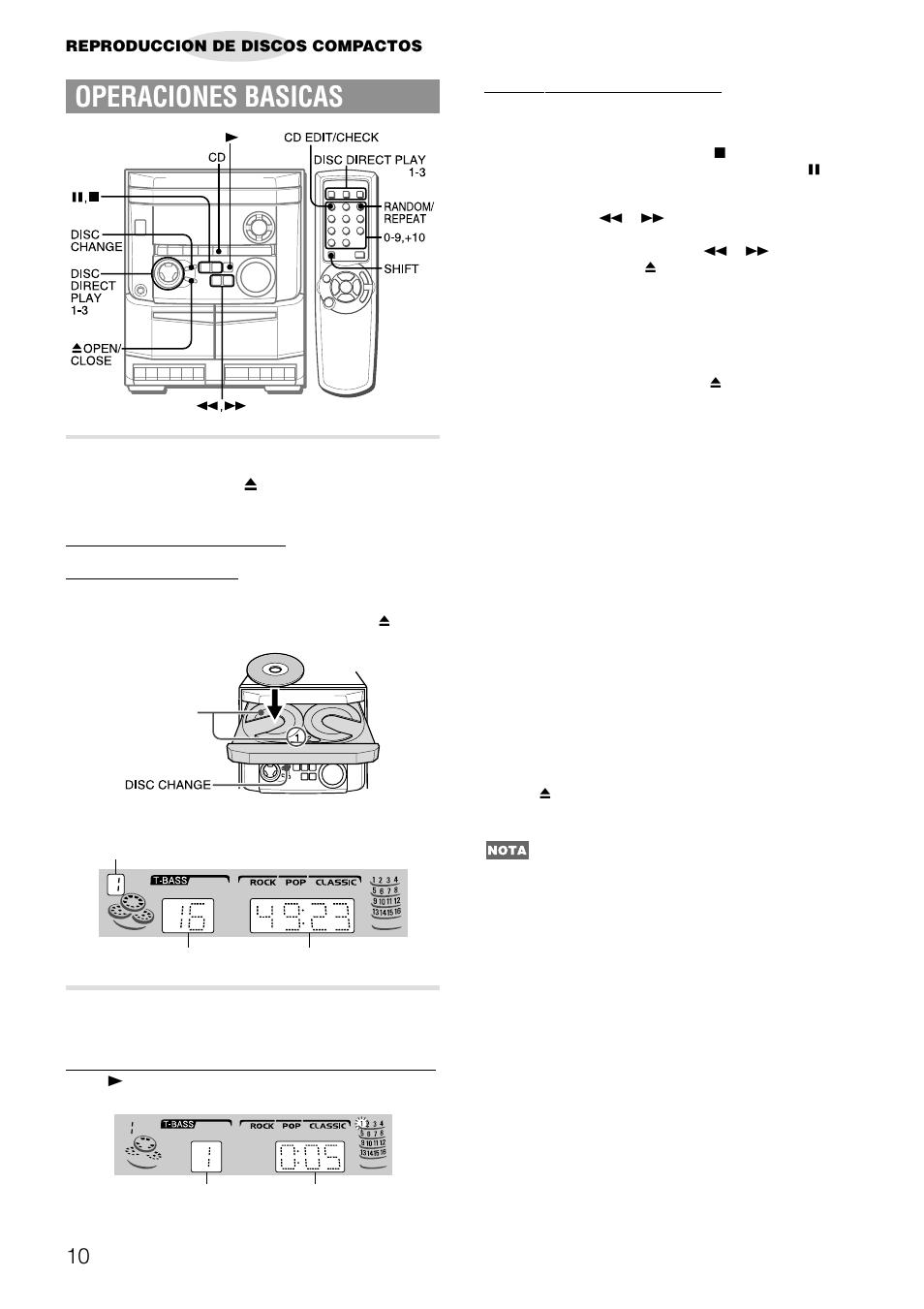 Operaciones basicas, Introduccion de discos, Reproduccion de discos | Aiwa NSX-AJ14 User Manual | Page 29 / 56