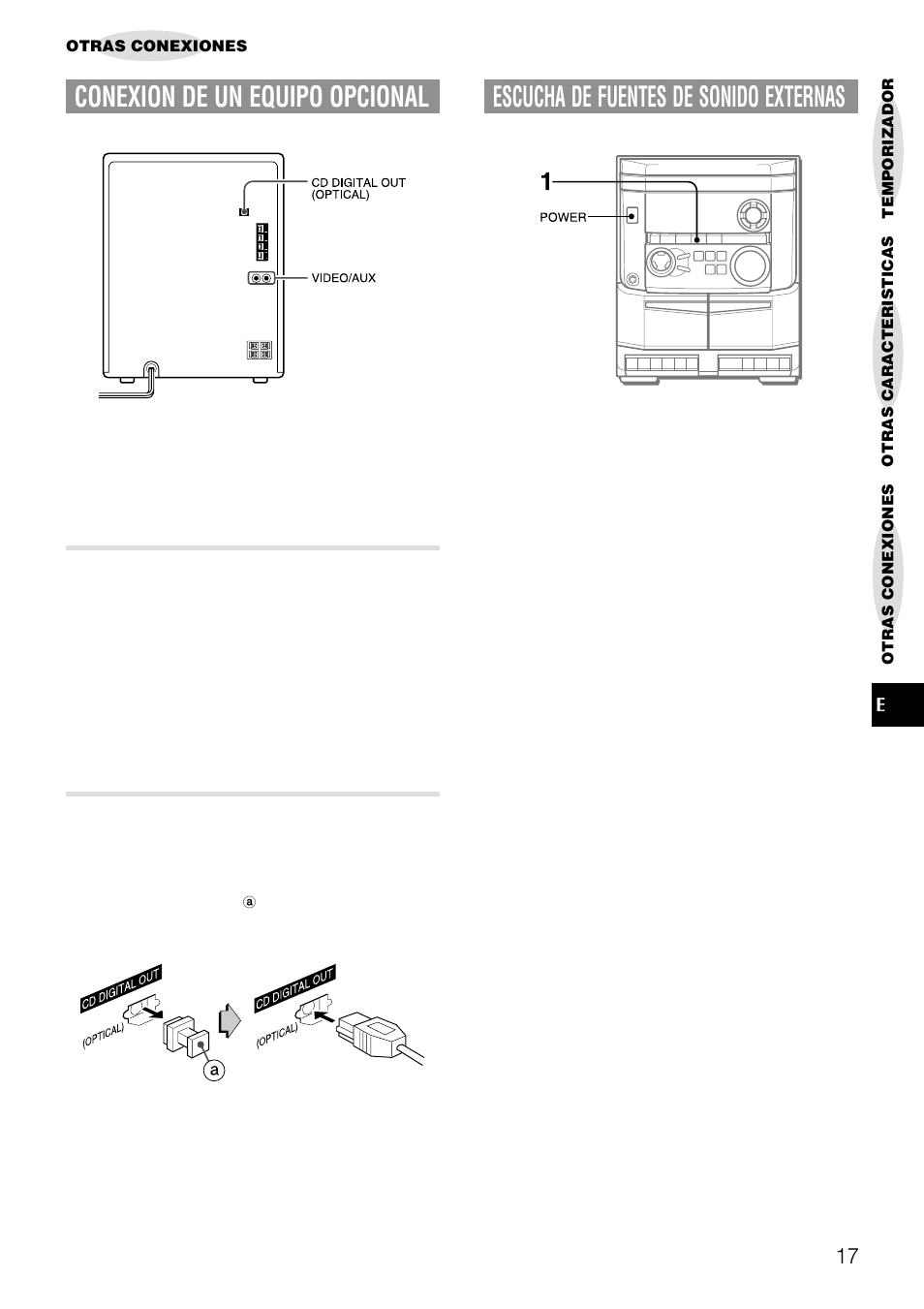 Escucha de fuentes de sonido externas, Conexion de un equipo opcional | Aiwa NSX-AJ14 User Manual | Page 36 / 56