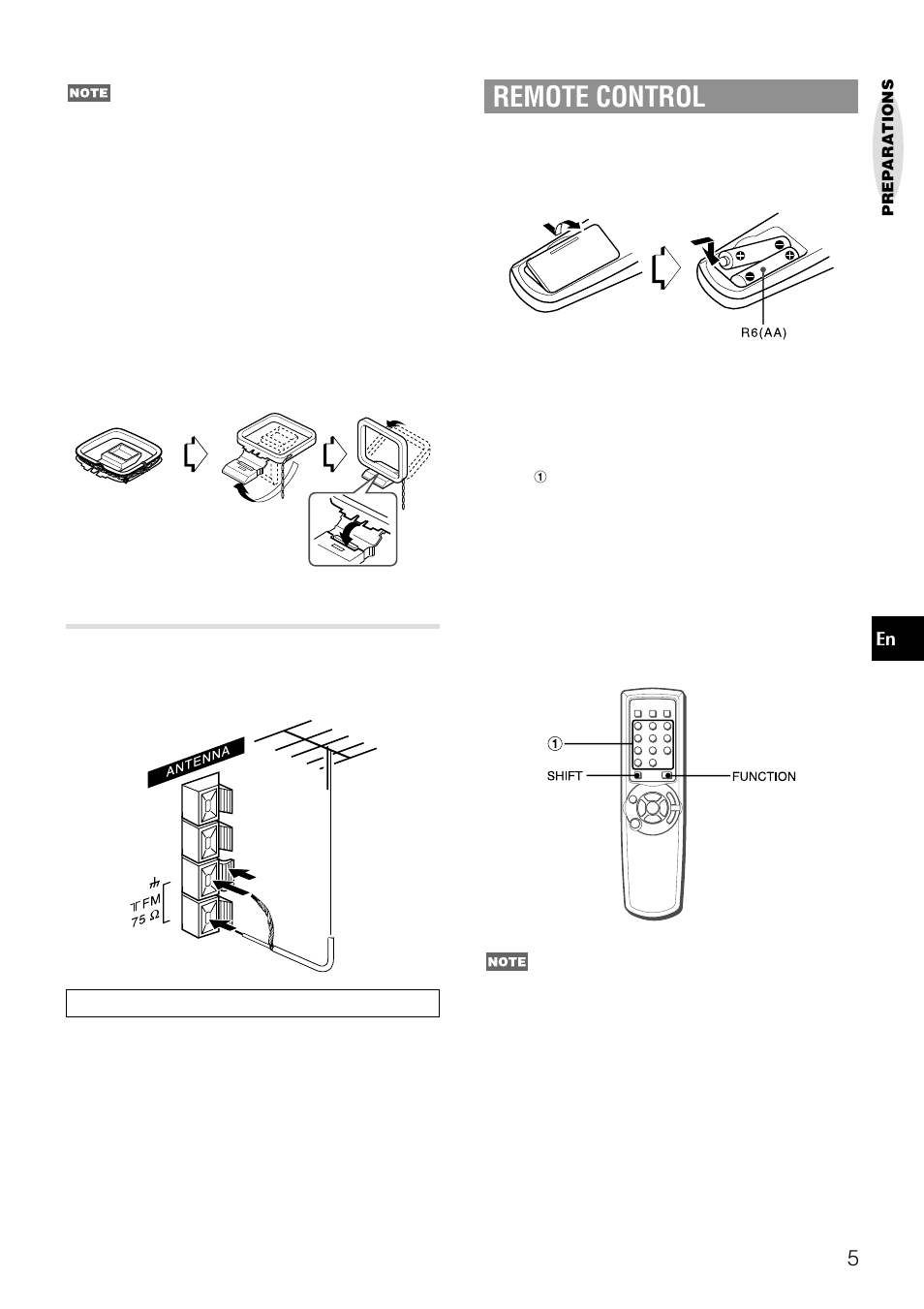 Remote control, Connecting an outdoor antenna | Aiwa NSX-AJ14 User Manual | Page 5 / 56