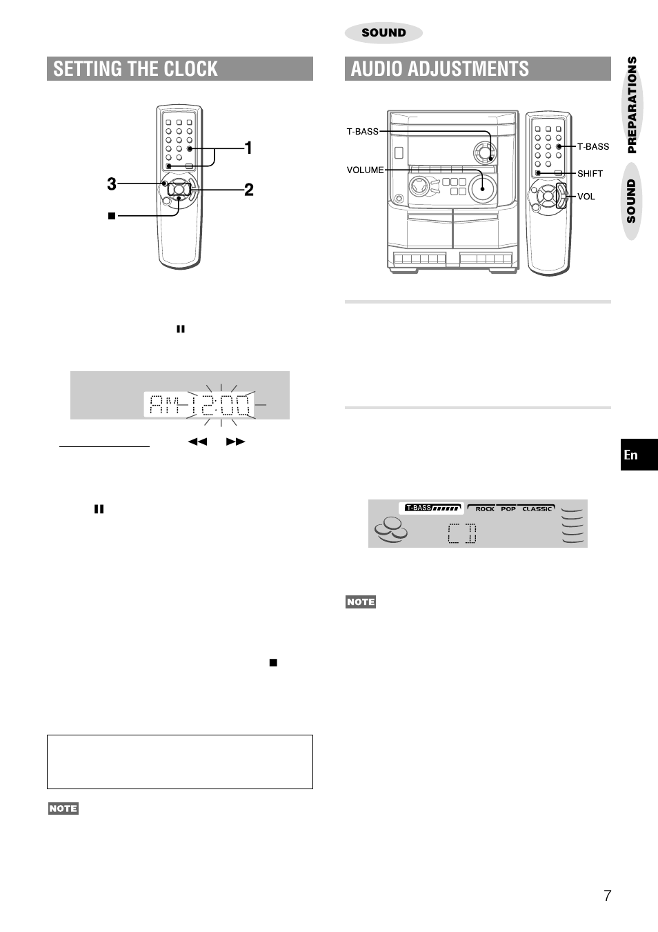 Audio adjustments, Setting the clock, Volume | Super t-bass system | Aiwa NSX-AJ14 User Manual | Page 7 / 56