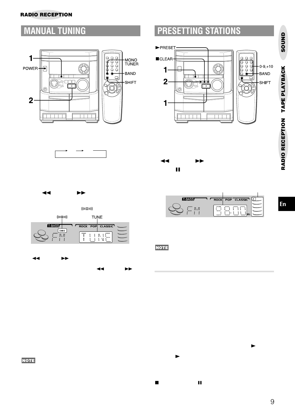 Presetting stations, Manual tuning, Preset number tuning | Aiwa NSX-AJ14 User Manual | Page 9 / 56