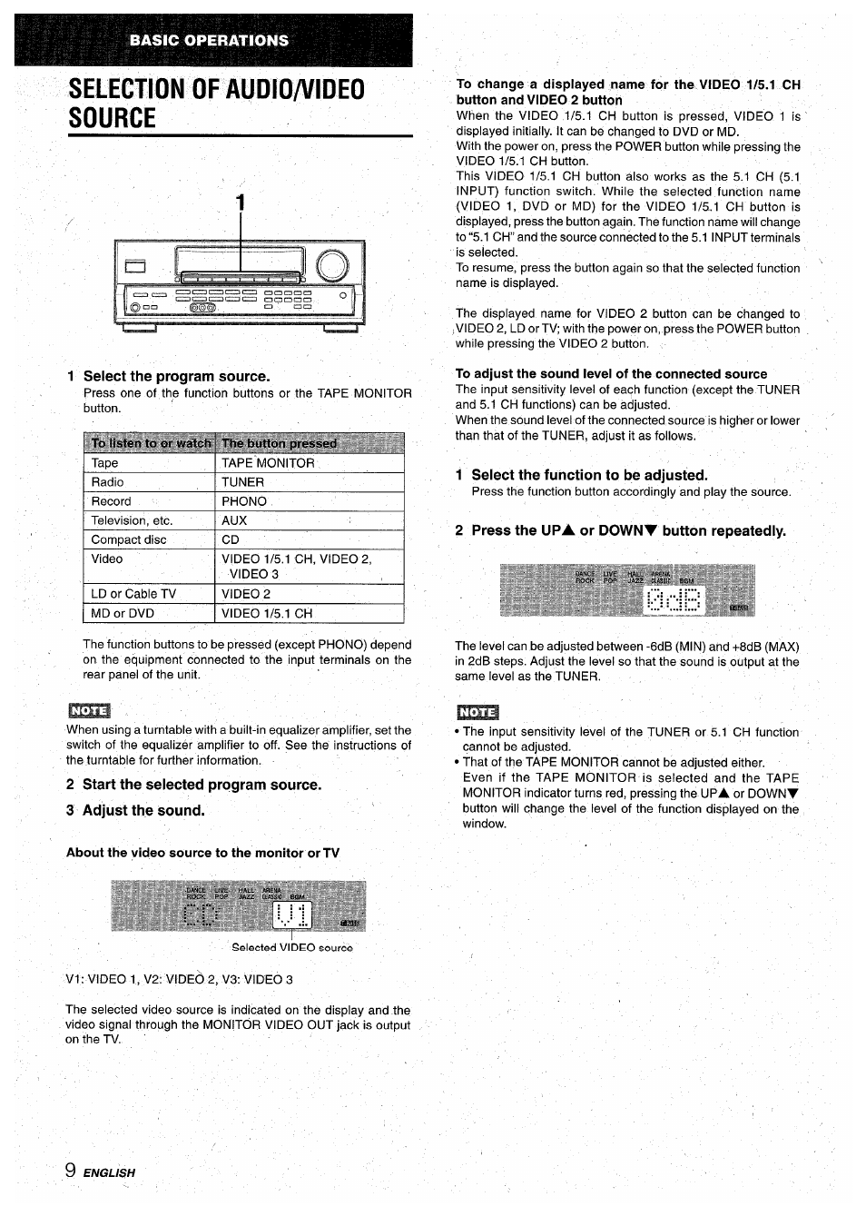 Selection of audio/video source, 1 select the program source, 1 select the function to be adjusted | 2 press the upa or downt button repeatedly, 2 start the selected program source, 3 adjust the sound | Aiwa AV-D30 User Manual | Page 10 / 56