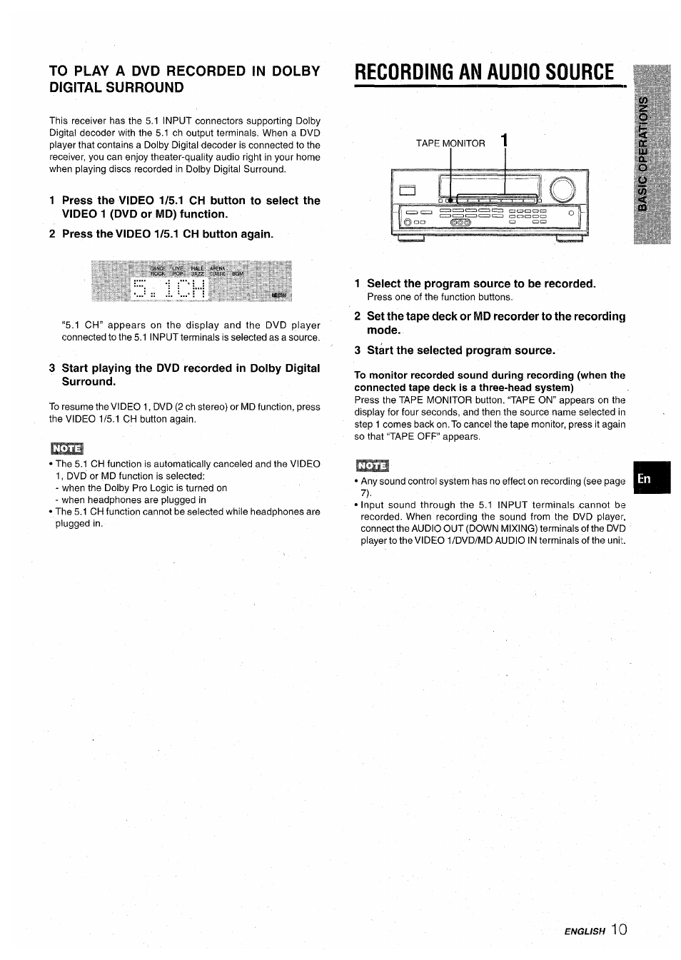To play a dvd recorded in dolby digital surround, 2 press the video 1/5.1 ch button again, Recording an audio source | 1 select the program source to be recorded, 3 start the selected prograhi source | Aiwa AV-D30 User Manual | Page 11 / 56