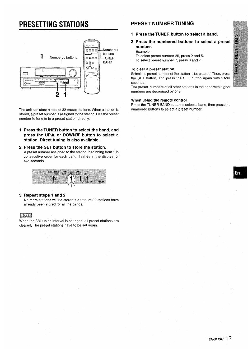 1 press the tuner button to select a band, 2 press the set button to store the station, 3 repeat steps 1 and 2 | Presetting stations, Preset number tuning | Aiwa AV-D30 User Manual | Page 13 / 56
