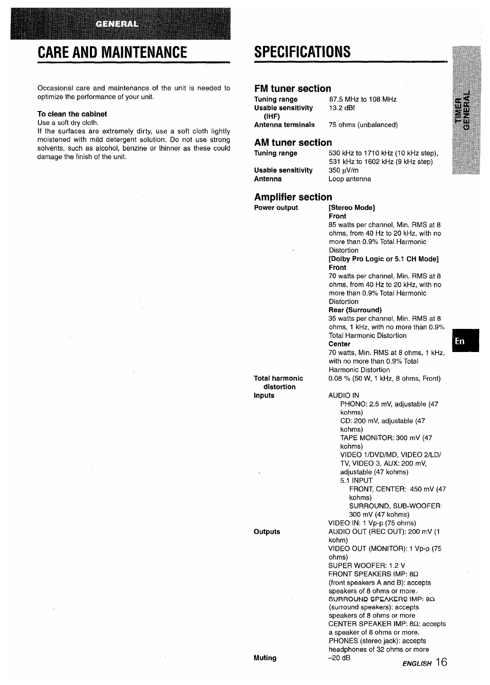 Care and maintenance, Specifications, Care and maintenance specifications | Aiwa AV-D30 User Manual | Page 17 / 56