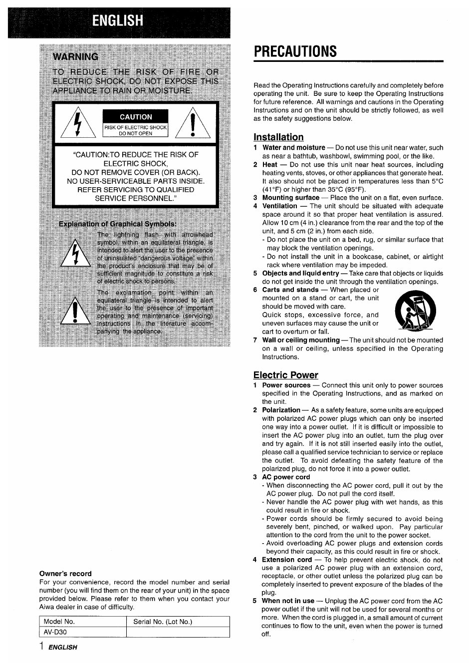 English, Warning, Precautions | Installation, Electric power | Aiwa AV-D30 User Manual | Page 2 / 56