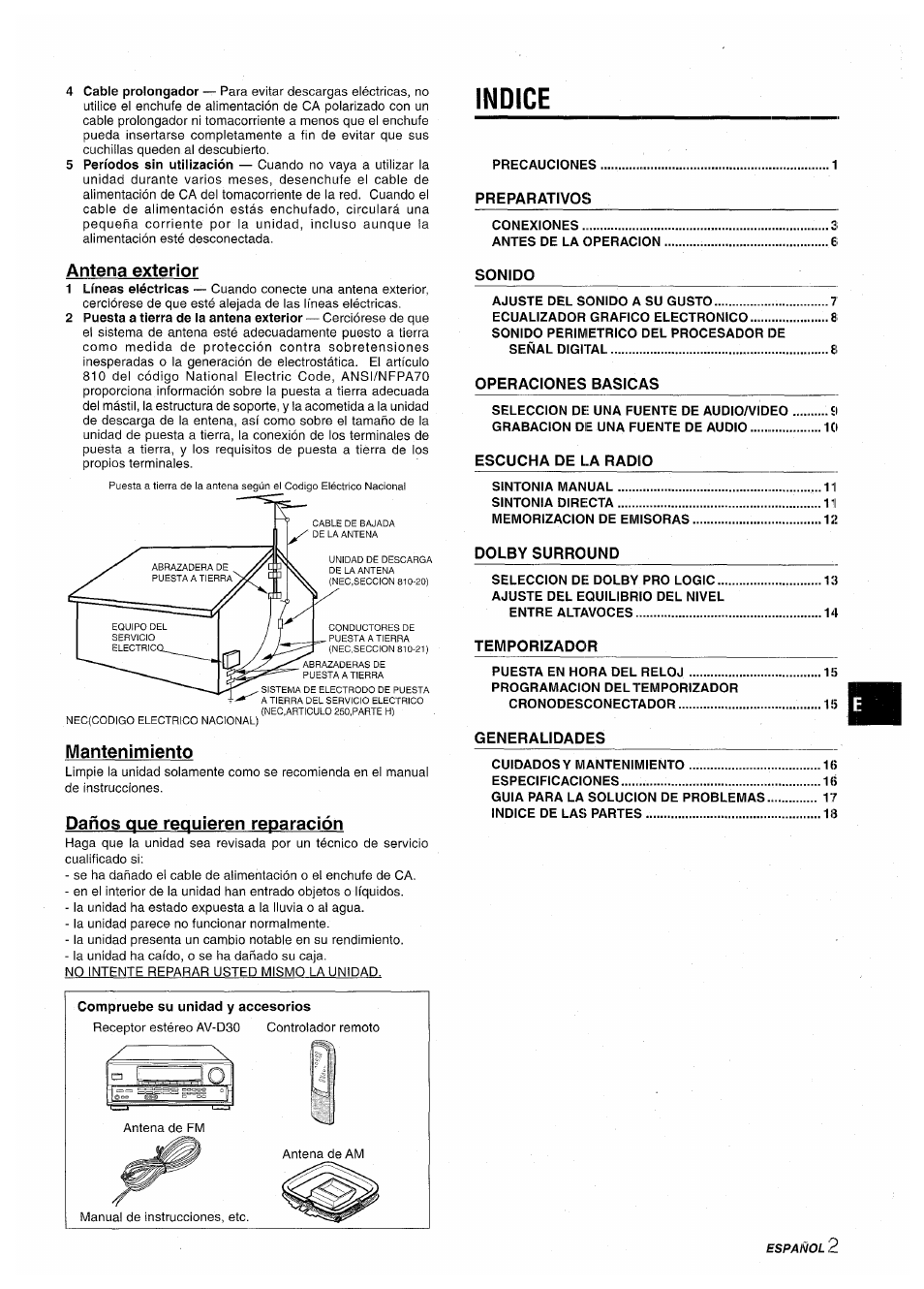 Indice, Antena exterior, Mantenimiento | Daños que requieren reparación | Aiwa AV-D30 User Manual | Page 21 / 56