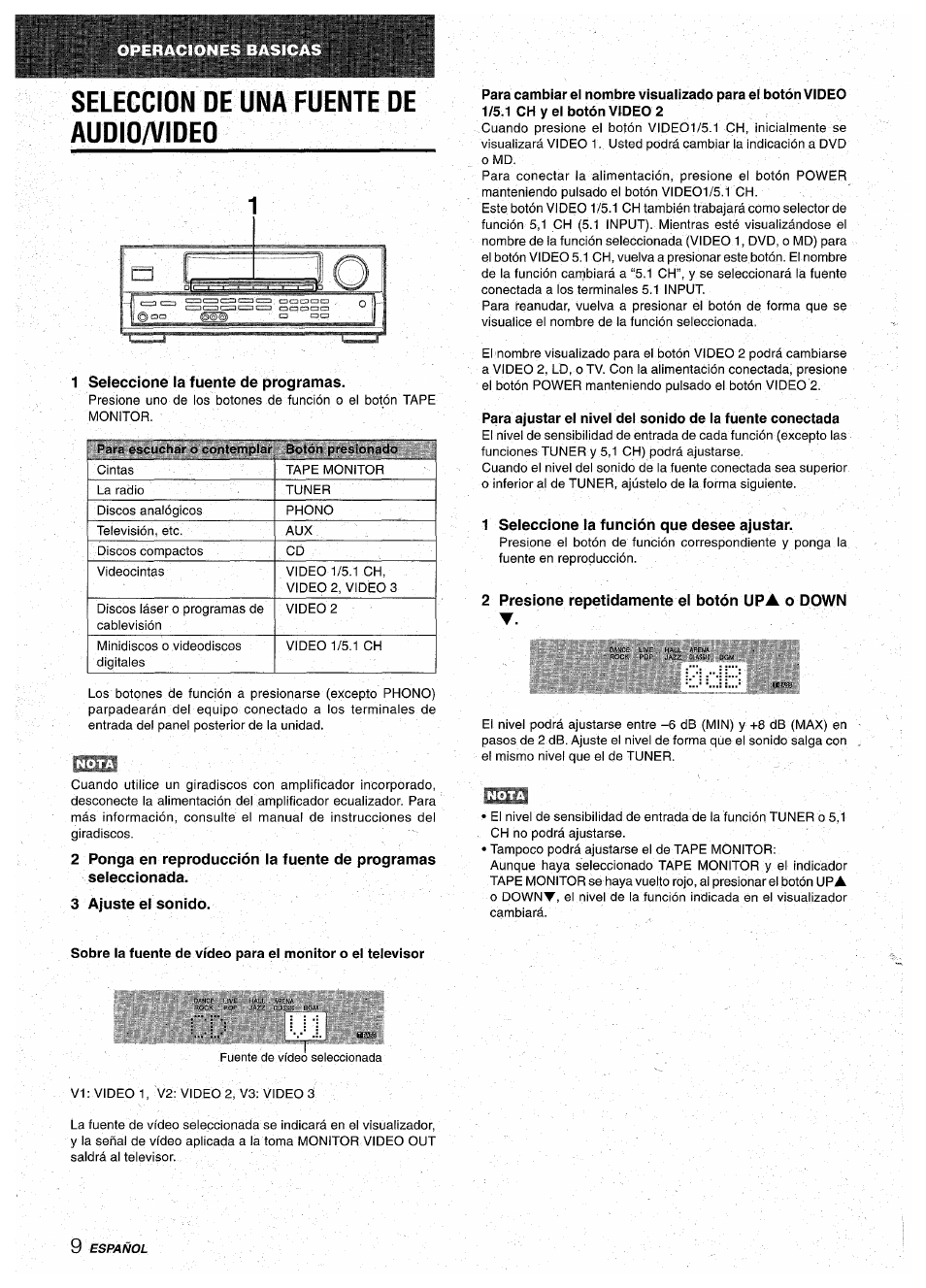 Seleccion de una fuente de audio/video, 1 seleccione la fuente de programas, 3 ajuste el sonido | 1 seleccione la función que desee ajustar, 2 presione repetidamente el botón upa o down | Aiwa AV-D30 User Manual | Page 28 / 56
