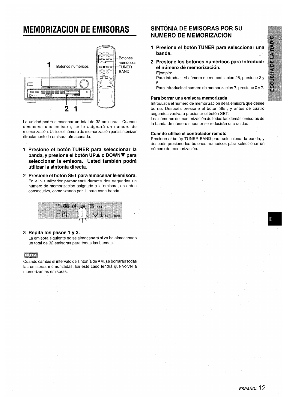 Memorizacion de emisoras, Sintonia de emisoras por su numero de memorizacion, Para borrar una emisora memorizada | Cuando utilice el controiador remoto | Aiwa AV-D30 User Manual | Page 31 / 56