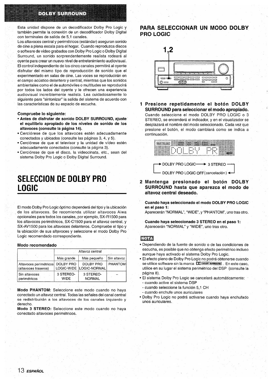 Seleccion de dolby pro logic, Modo recomendado, Para seleccionar un modo dolby pro logic | Aiwa AV-D30 User Manual | Page 32 / 56