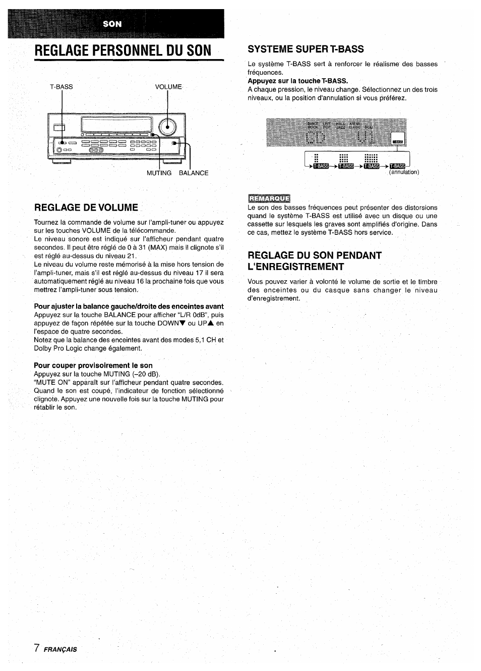 Reglage personnel du son, Systeme super t-bass, Appuyez sur la touche t-bass | Reglage de volume, Pour couper provisoirement le son, Reglage du son pendant l’enregistrement | Aiwa AV-D30 User Manual | Page 44 / 56
