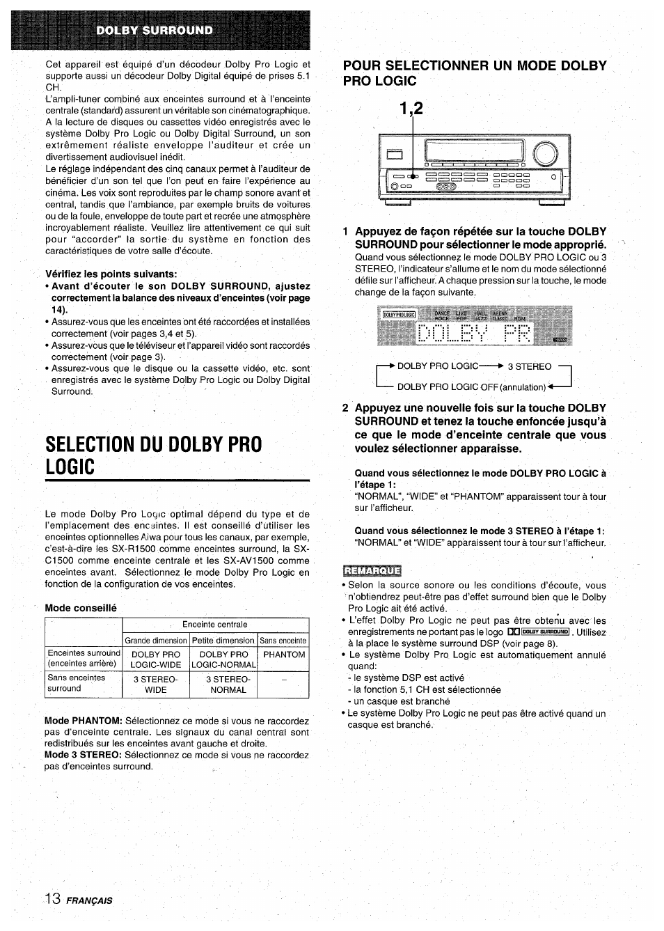 Vérifiez ies points suivants, Selection du dolby pro logic, Mode conseillé | Pour selectionner un mode dolby pro logic | Aiwa AV-D30 User Manual | Page 50 / 56