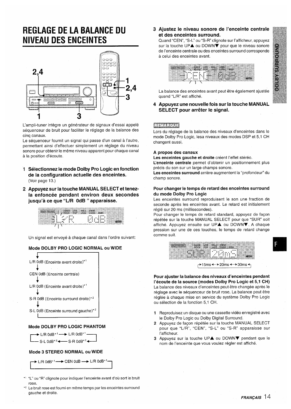 Reglage de la balance du niveau des enceintes, Mode dolby pro logic phantom, Mode 3 stereo normal ou wide | A propos des canaux | Aiwa AV-D30 User Manual | Page 51 / 56