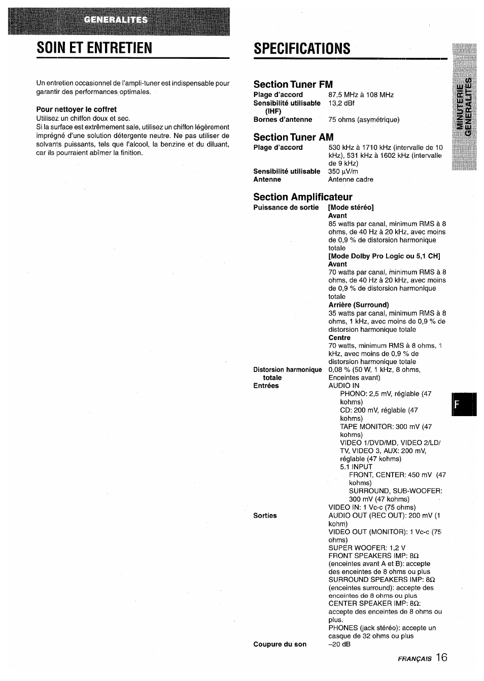 Soin et entretien, Specifications, Pour nettoyer le coffret | Sensibilité utilisable antenne, Sorties, Coupure du son, Avant, Soin et entretien specifications | Aiwa AV-D30 User Manual | Page 53 / 56