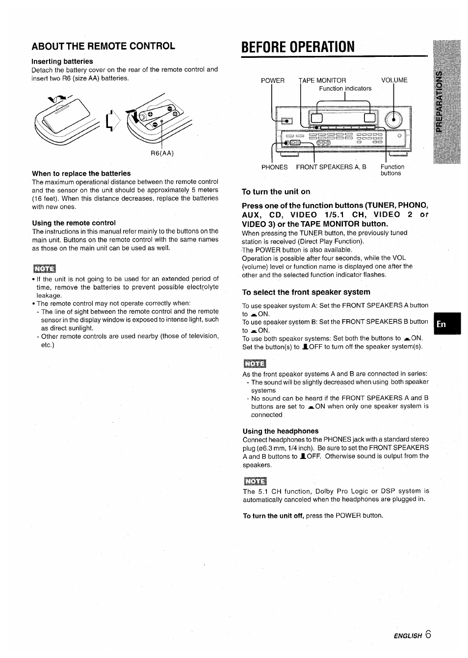 About the remote control, Inserting batteries, Before operation | When to replace the batteries, Using the remote controi, To turn the unit on, To select the front speaker system, Using the headphones | Aiwa AV-D30 User Manual | Page 7 / 56