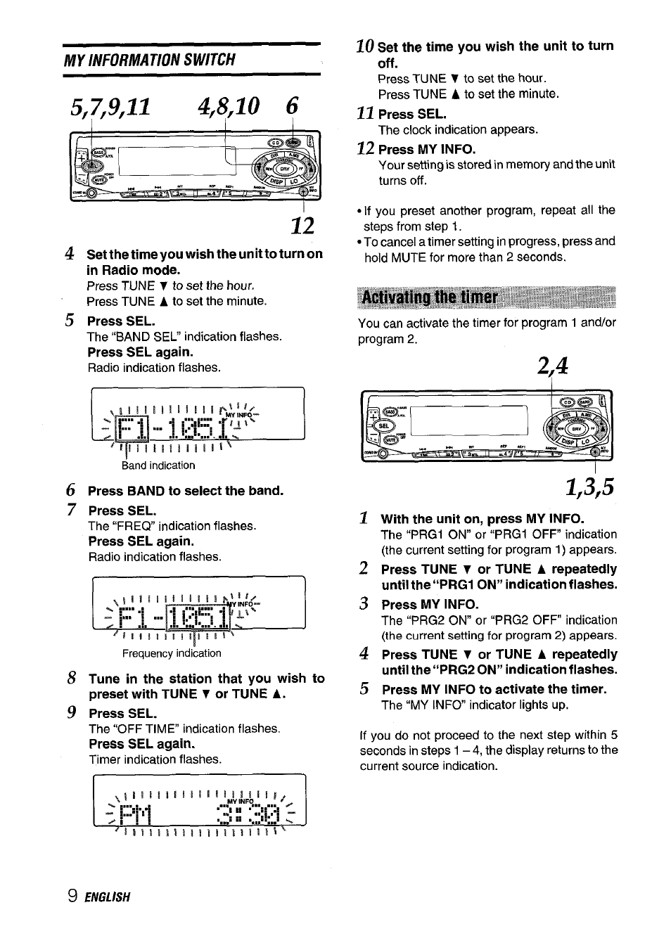 Activating the timer, 1 with the unit on, press my info, My information switch | Aiwa CT-FX929M m User Manual | Page 10 / 56