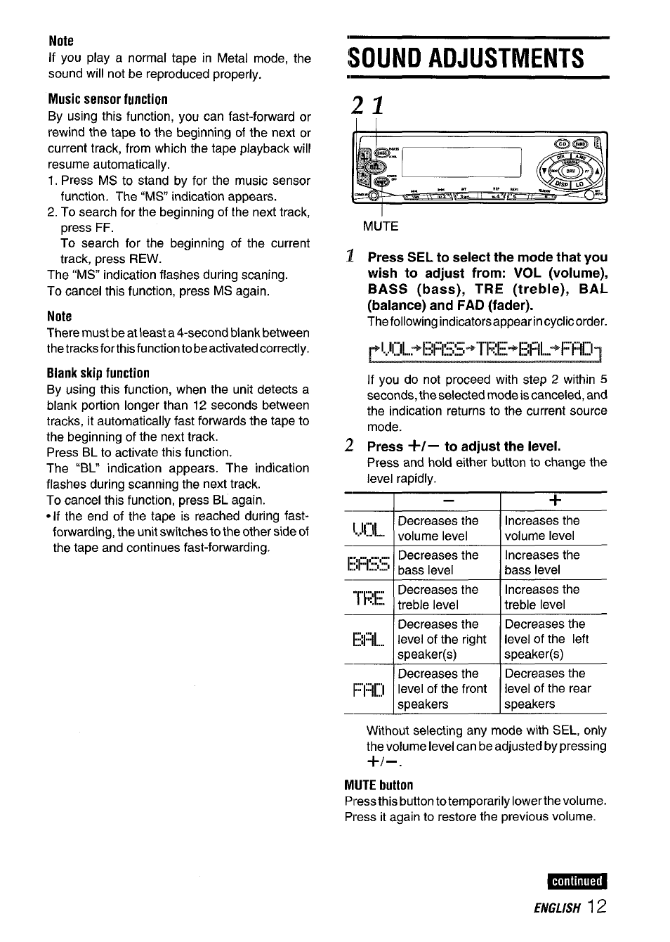 Note, Music sensor function, Blank skip function | Sound adjustments, Mute button | Aiwa CT-FX929M m User Manual | Page 13 / 56