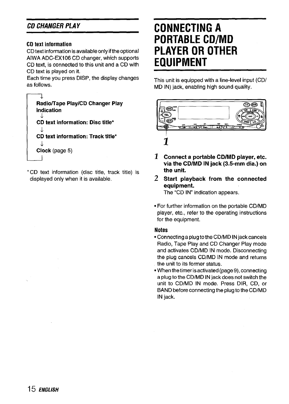 Cd text information, 2 start playback from the connected equipment, Notes | I ------ i ~ r ,1, Cd changer play | Aiwa CT-FX929M m User Manual | Page 16 / 56