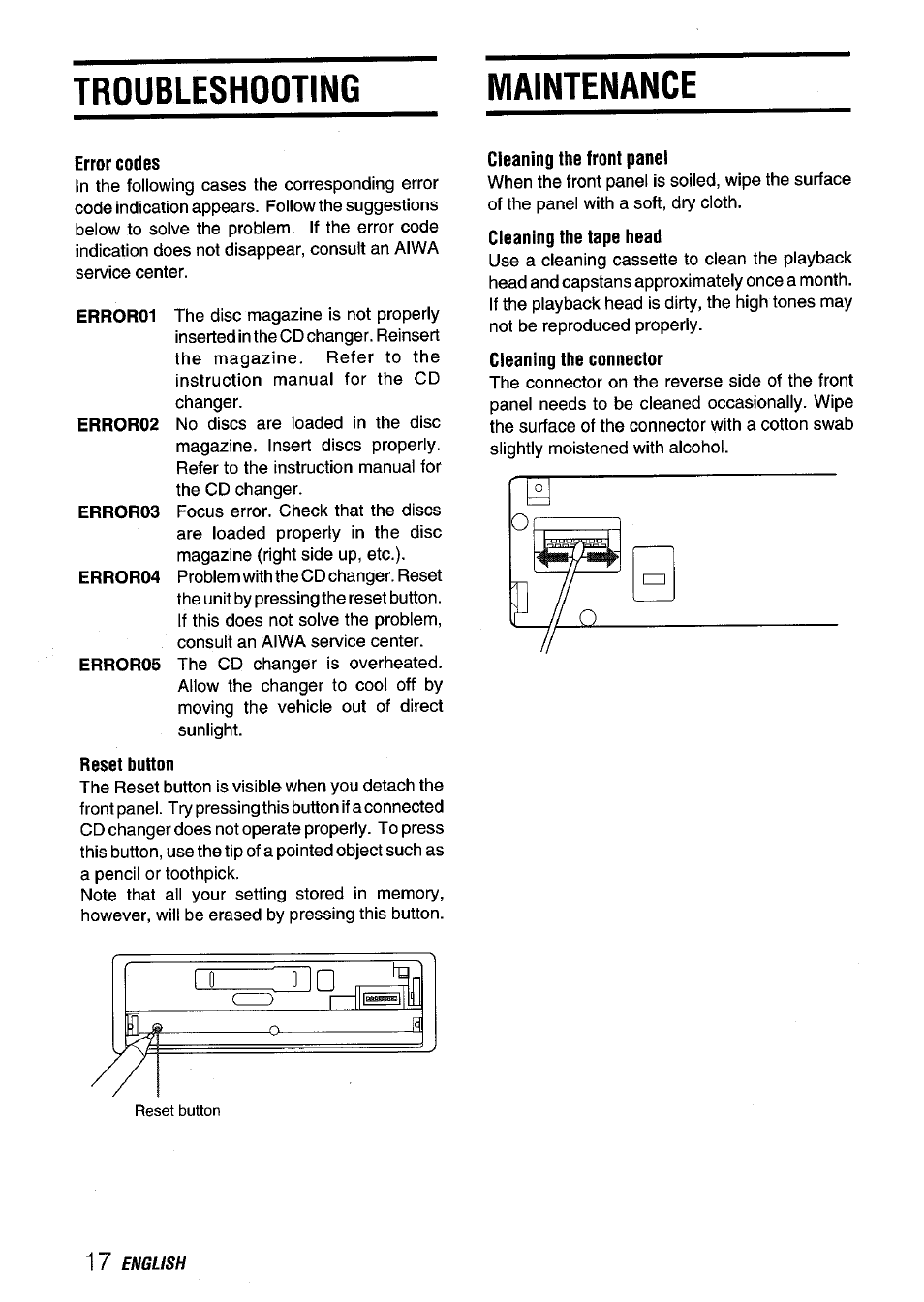 Troubleshooting, Troubleshooting maintenance | Aiwa CT-FX929M m User Manual | Page 18 / 56