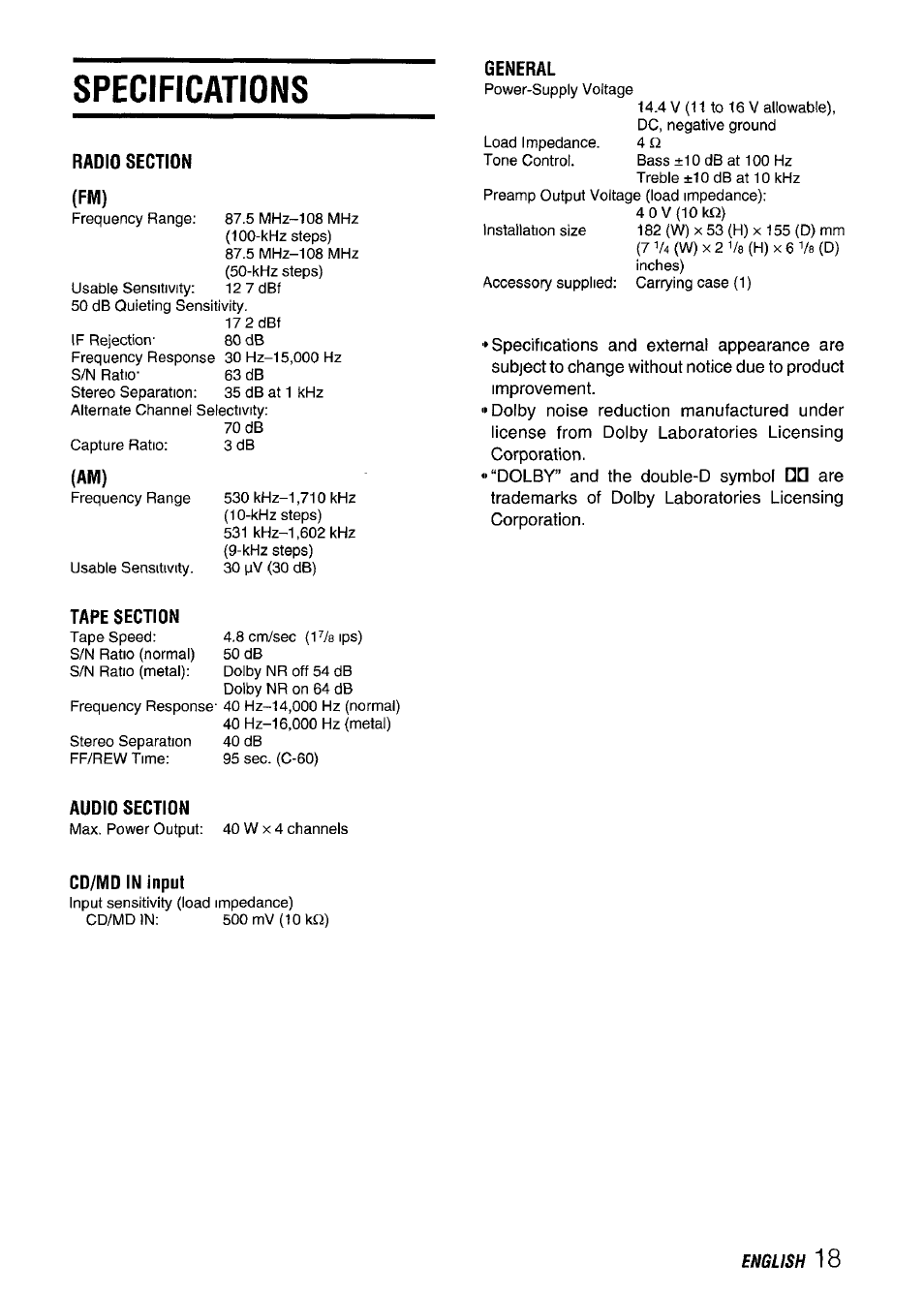 Specifications, Radio section (fki), General | Tape section, Audio section, Cd/md in input | Aiwa CT-FX929M m User Manual | Page 19 / 56