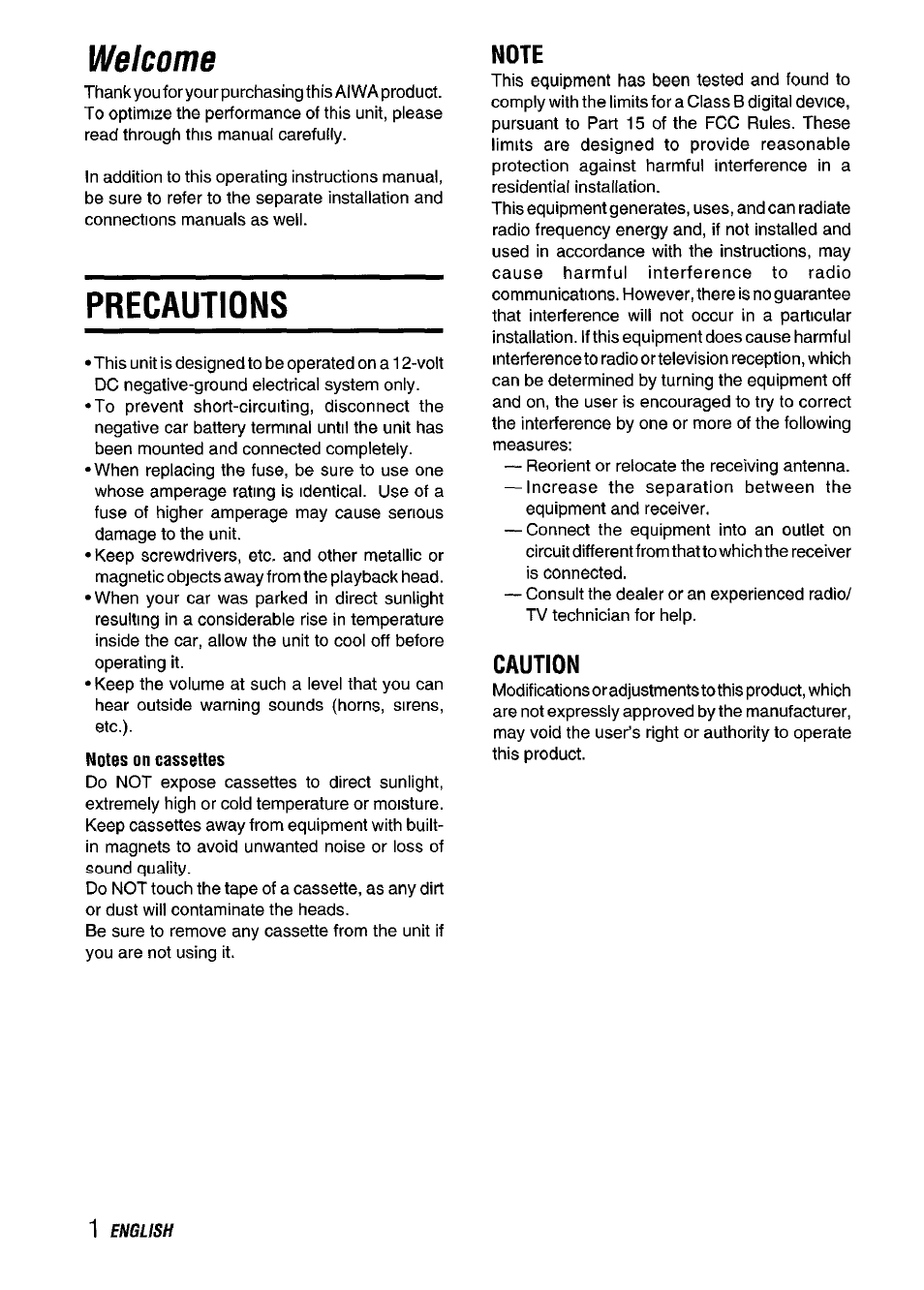 Welcome, Precautions, Notes on cassettes | Note, Caution | Aiwa CT-FX929M m User Manual | Page 2 / 56